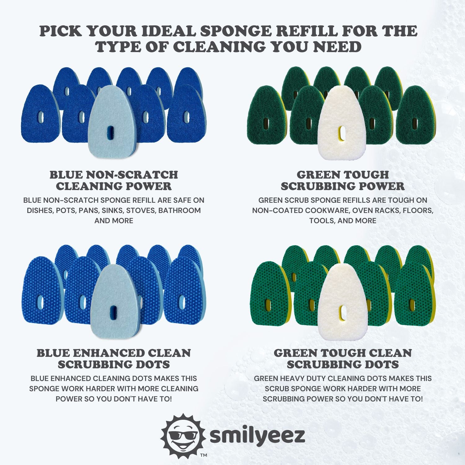 Smilyeez Green Heavy Duty Sponge Refill for Hook & Loop Fasteners – (10 Pack) Sponge Replacement Head