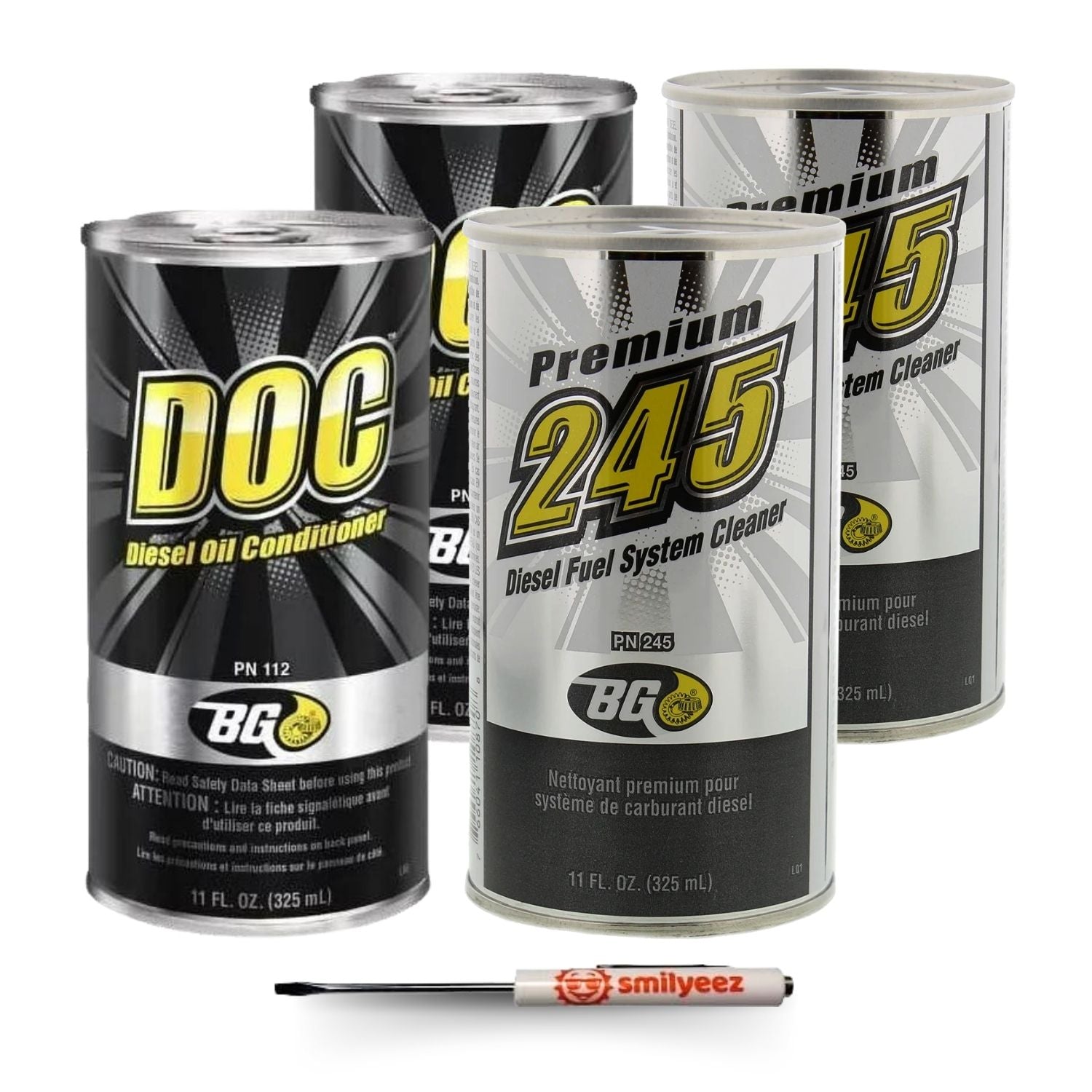 BG 245 Premium Diesel Fuel System Cleaner and BG DOC Diesel Oil Conditioner Cans with a Pocket Screwdriver