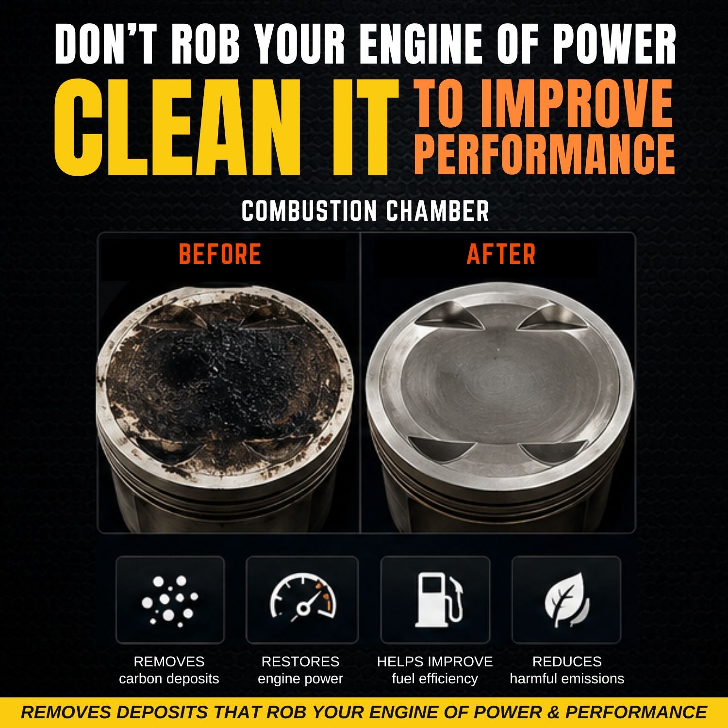 Advertisement for engine cleaning service showing before and after combustion chamber images with text and icons. BG PN 201 Fuel Injection and Combustion Chamber Cleaner