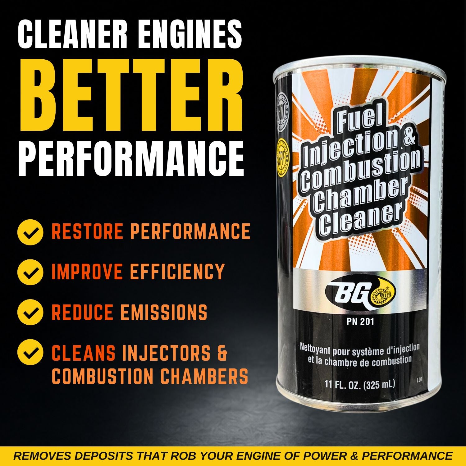 BG PN 201 Fuel injection and combustion chamber cleaner can with promotional text on a black background