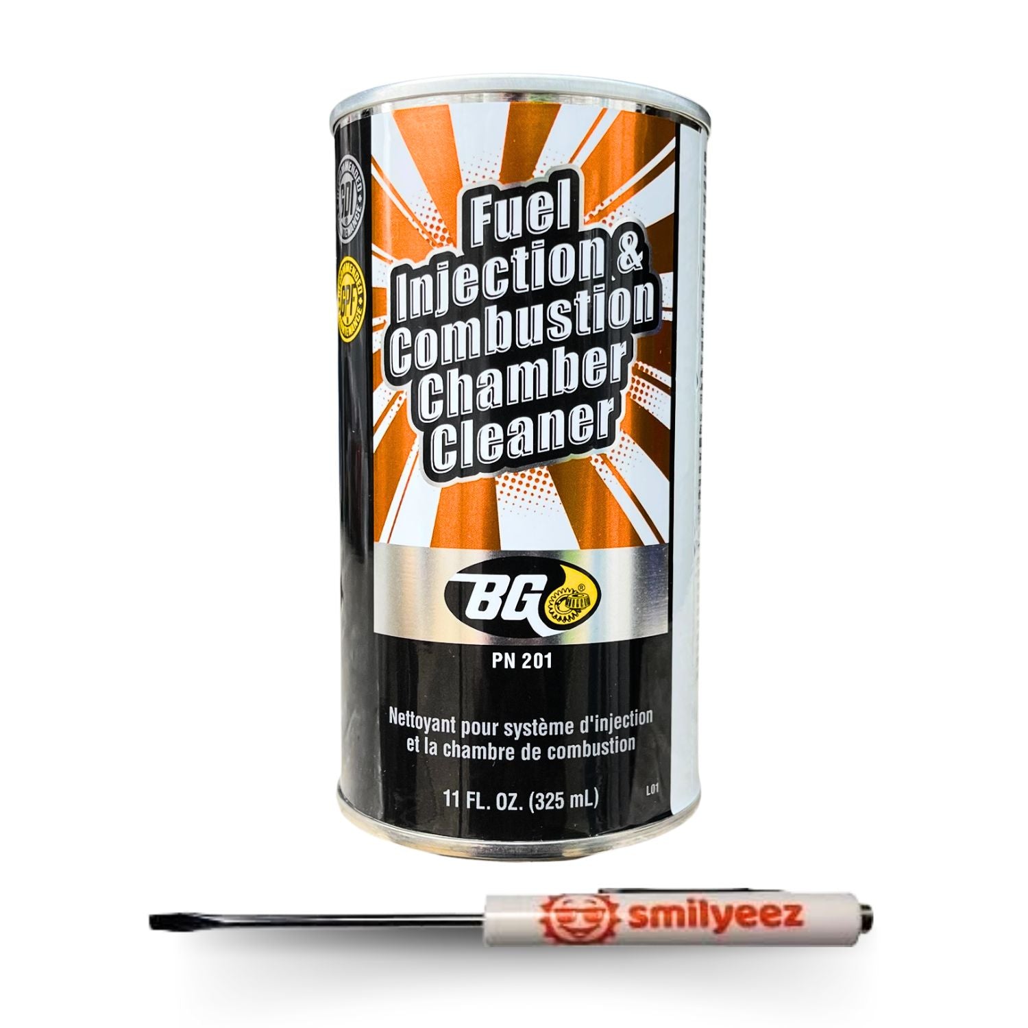 Can of BG PN 201 Fuel Injection & Combustion Chamber Cleaner with a screwdriver