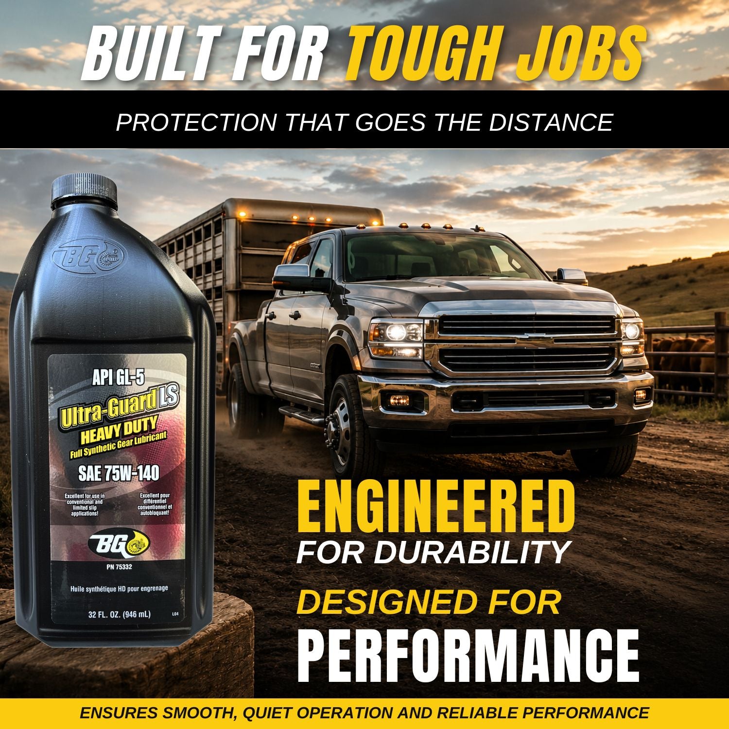 Bottle of BG Ultra-Guard LS Heavy Duty gear lubricant PN 75332 with a truck in the background, emphasizing durability and performance.