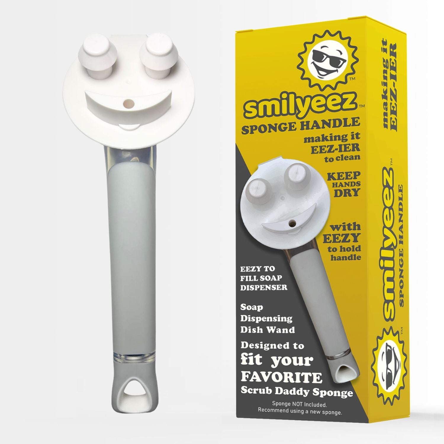 The Original Smiling Sponge Handle Soap Dispensing Handle by Smilyeez - Dishwand for Scrub Daddy Sponge (White) - Scrub Daddy Handle