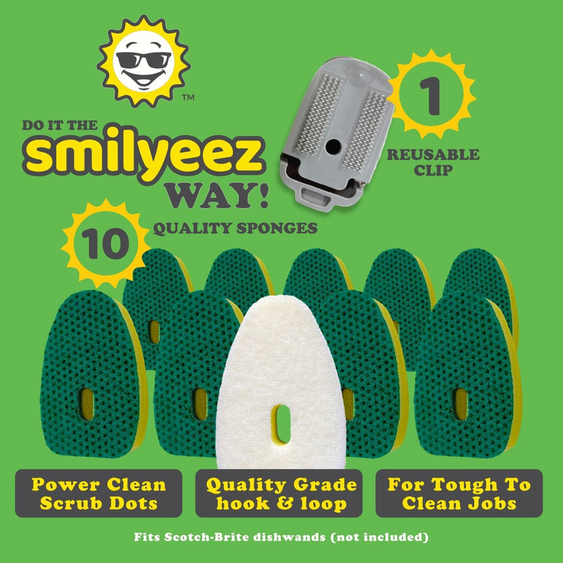 Smilyeez No-Plastic Green Heavy Duty Dotted Sponge Refill for Scotch-Brite's Dishwand (10 Pack) with Adapter
