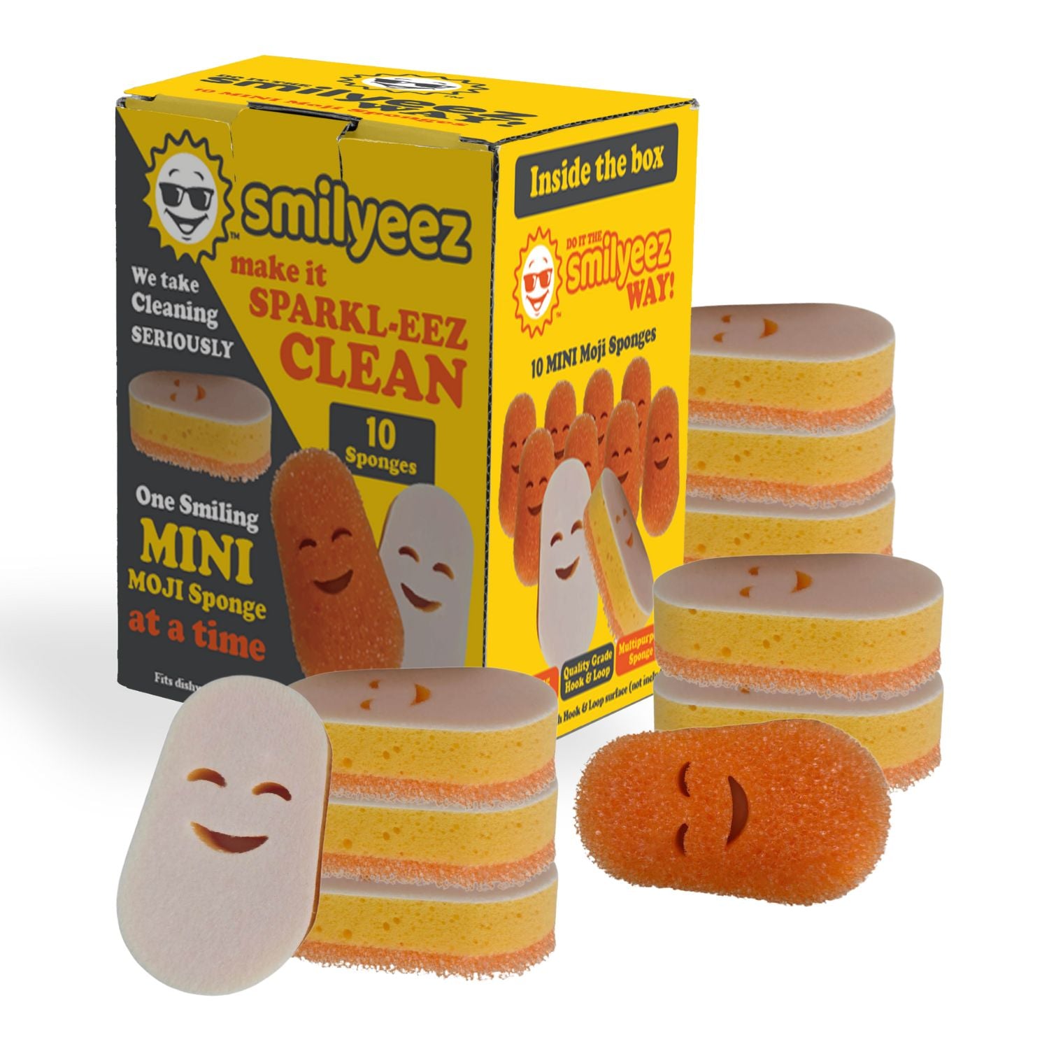 Smilyeez mini moji sponges with packaging on a white background for the Dish Daddy Dishwand