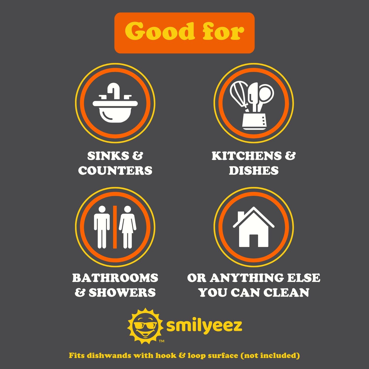 Product advertisement for smilyeez with icons indicating product use on sinks, kitchens, bathrooms, and counters.  for the Dish Daddy Dishwand