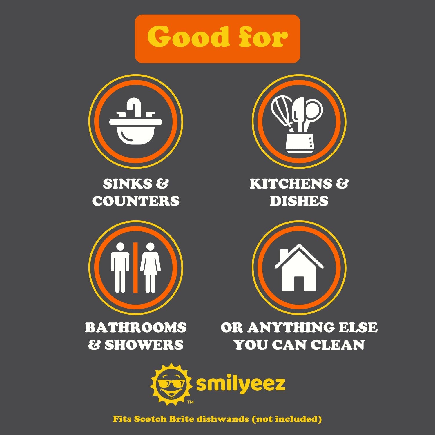 Diagram showing cleaning applications for smilyeez products on a dark background