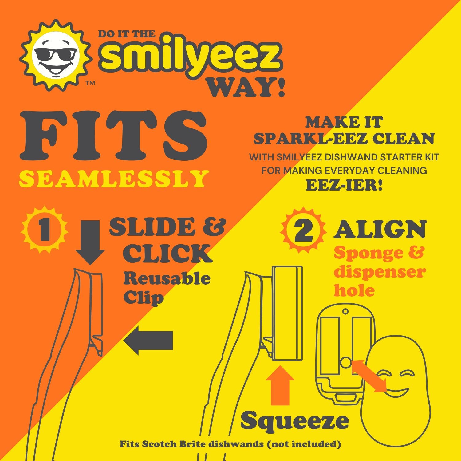 Advertisement for smilyeez dishwand system with step-by-step instructions on an orange and yellow background.