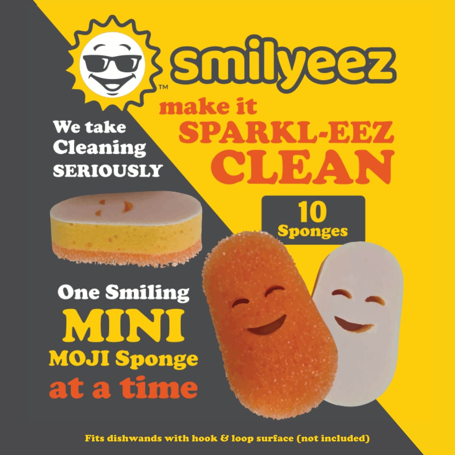 Advertisement for Smilyeez cleaning sponges with a smiley face design on a yellow and gray background.  for the Dish Daddy Dishwand