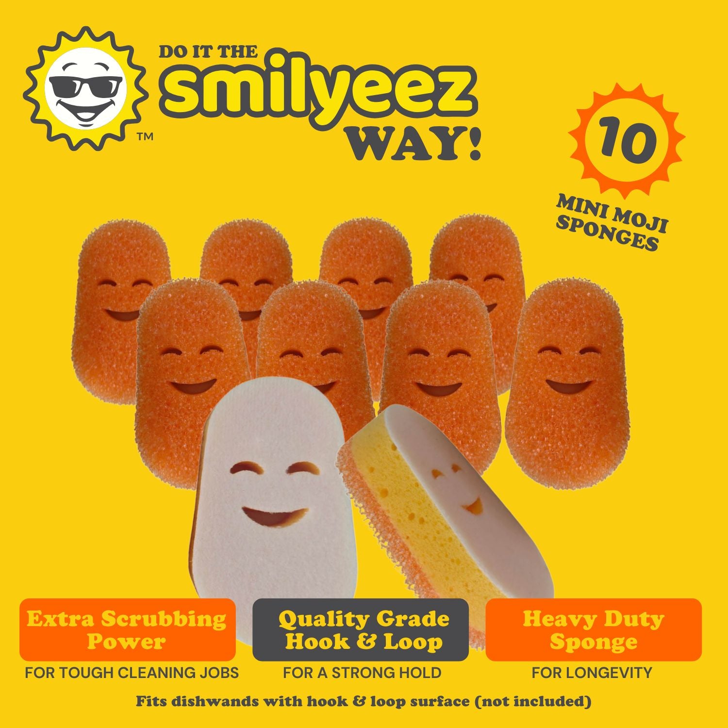 Smilyeez mini moji sponges with packaging on a yellow background  for the Dish Daddy Dishwand