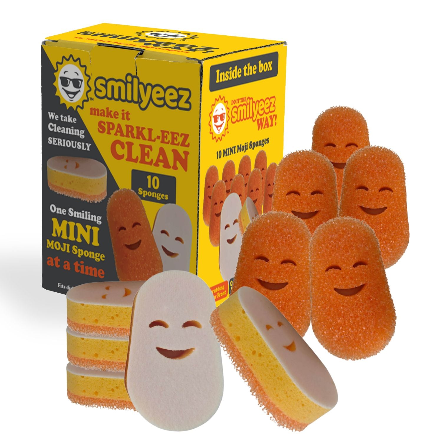 Smileyeez mini moji sponges with packaging on a white background