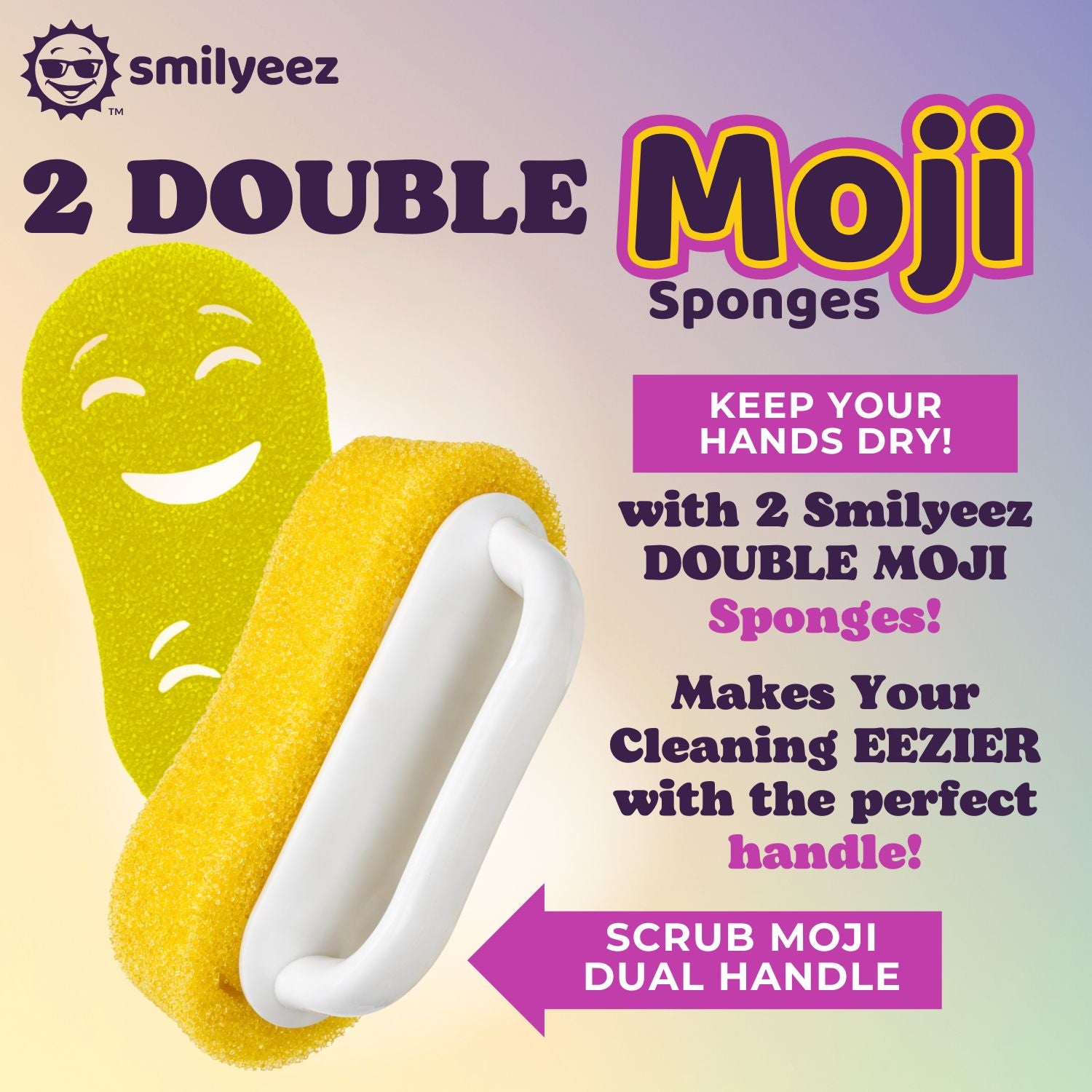 (2) Smilyeez Double Size Scrub Moji Sponges With (1) Scrub Moji Dual Handle Combo