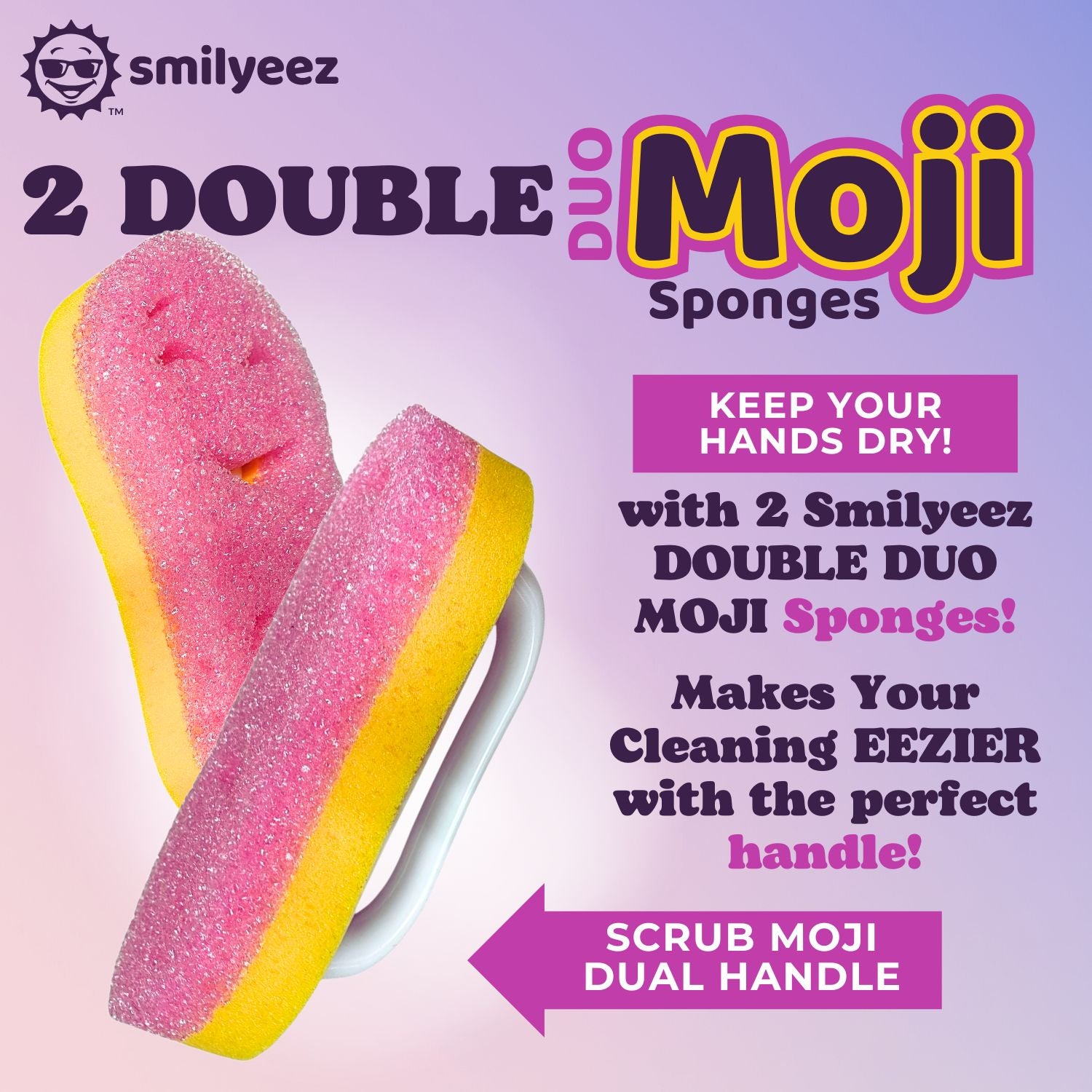 (2) Smilyeez Double Size Scrub Moji Sponges With (1) Scrub Moji Dual Handle Combo