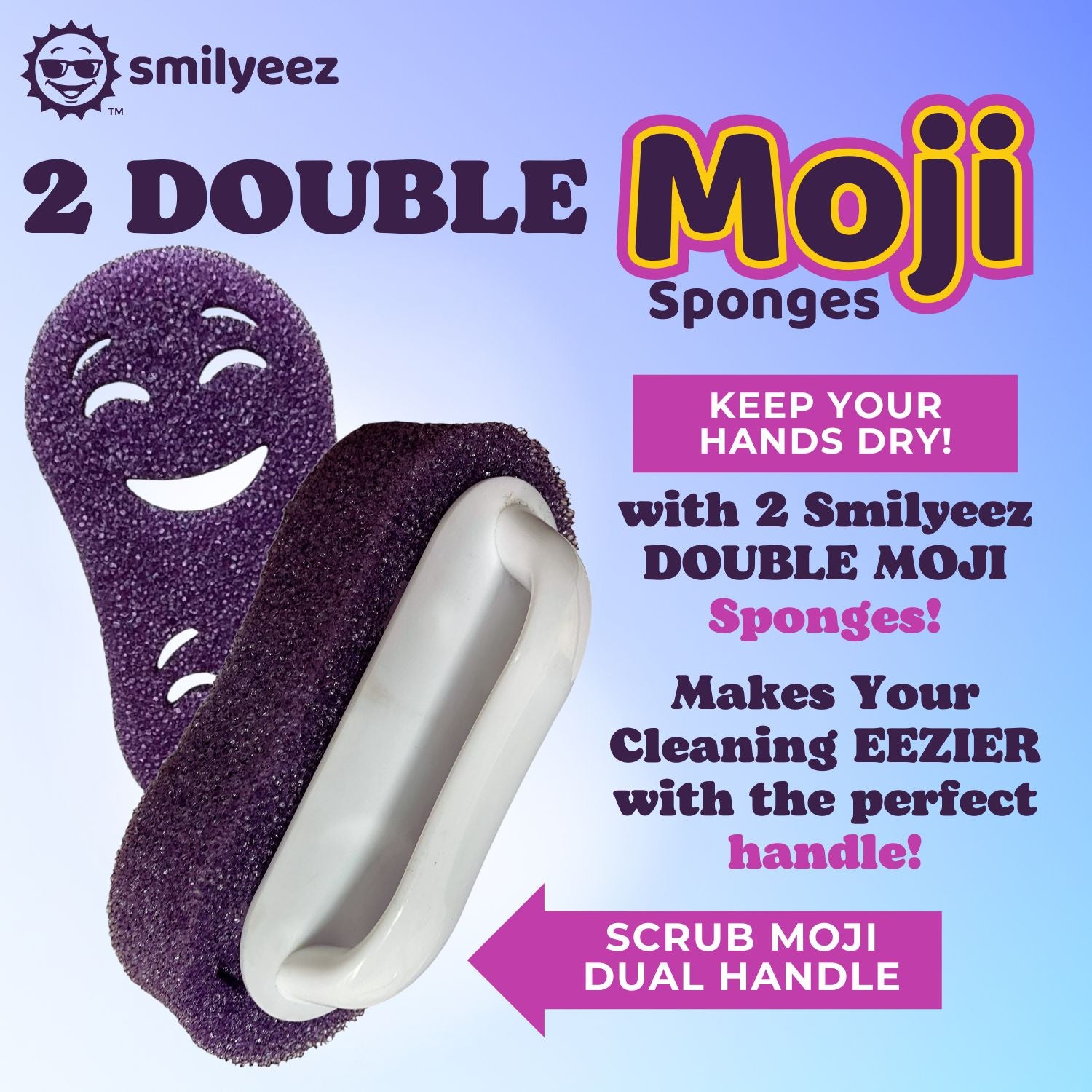 (2) Smilyeez Double Size Scrub Moji Sponges With (1) Scrub Moji Dual Handle Combo