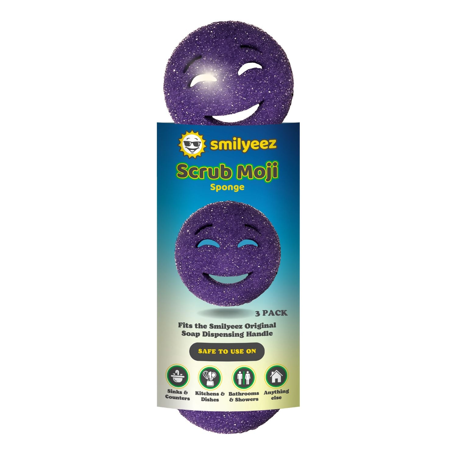 The Original Scrub Moji Scrubbing Sponge by Smilyeez (Set of 3) - Purple - Temperature-Responsive Polymer Foam, Stain and Odor Resistant, Ideal for Kitchen and Bathroom Cleaning