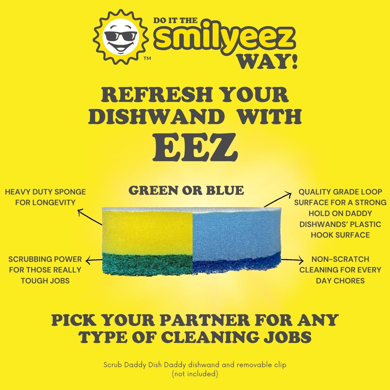 Smilyeez Blue Non-Scratch Sponge Refill for Scrub Daddy Dish Daddy – (10 Pack) Dish Daddy Refills – Sponge Replacement Head