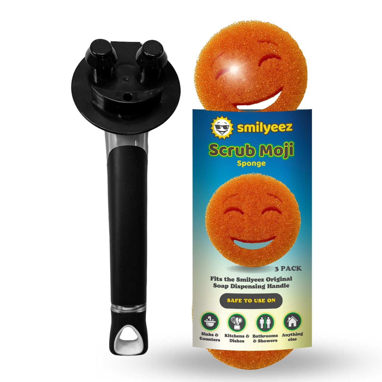 The Original Smiling Handle with Soap Dispensing & 3 Orange Scrub Moji Sponges - Combo