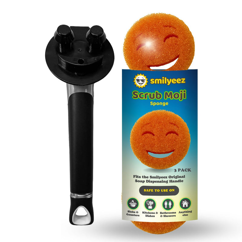 The Original Smiling Sponge Handle With 3 Orange Scrub Moji Sponges - Combo