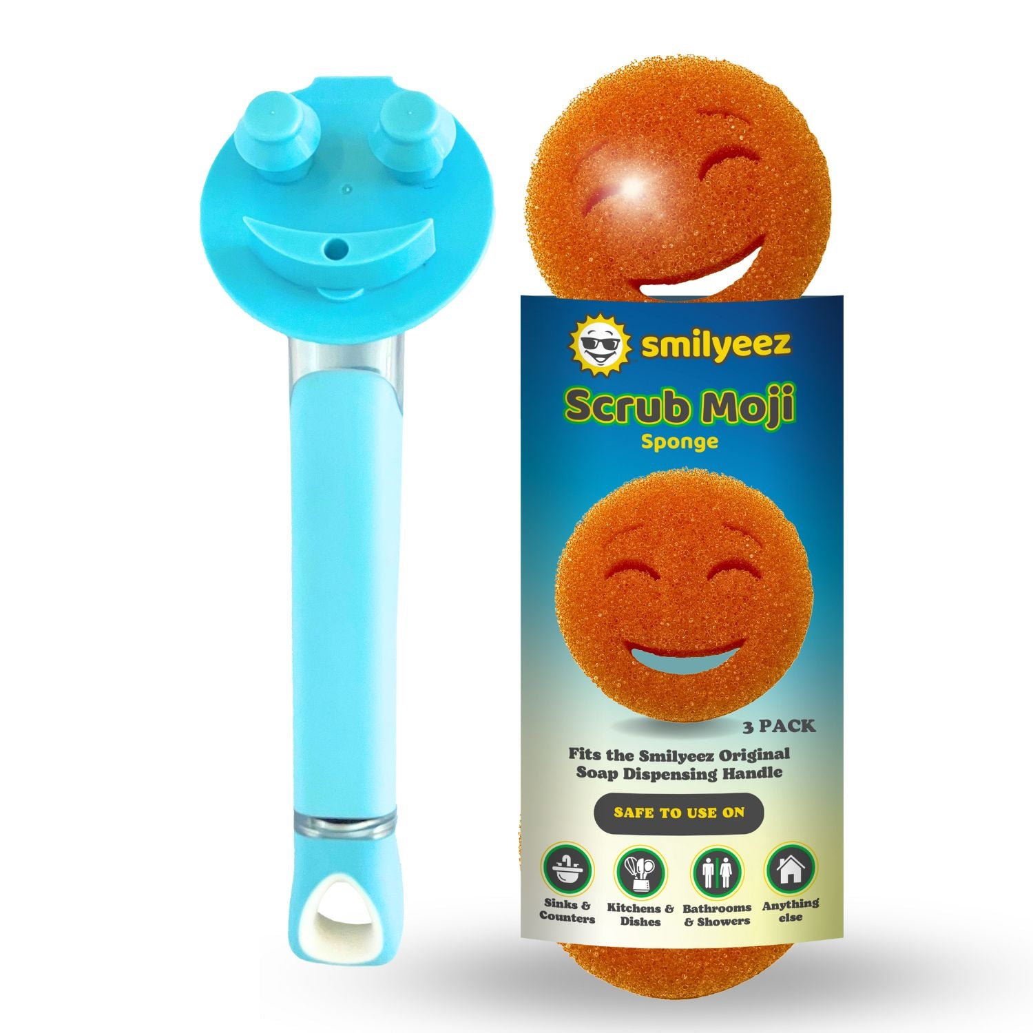 The Original Smiling Handle with Soap Dispensing & 3 Orange Scrub Moji Sponges - Combo