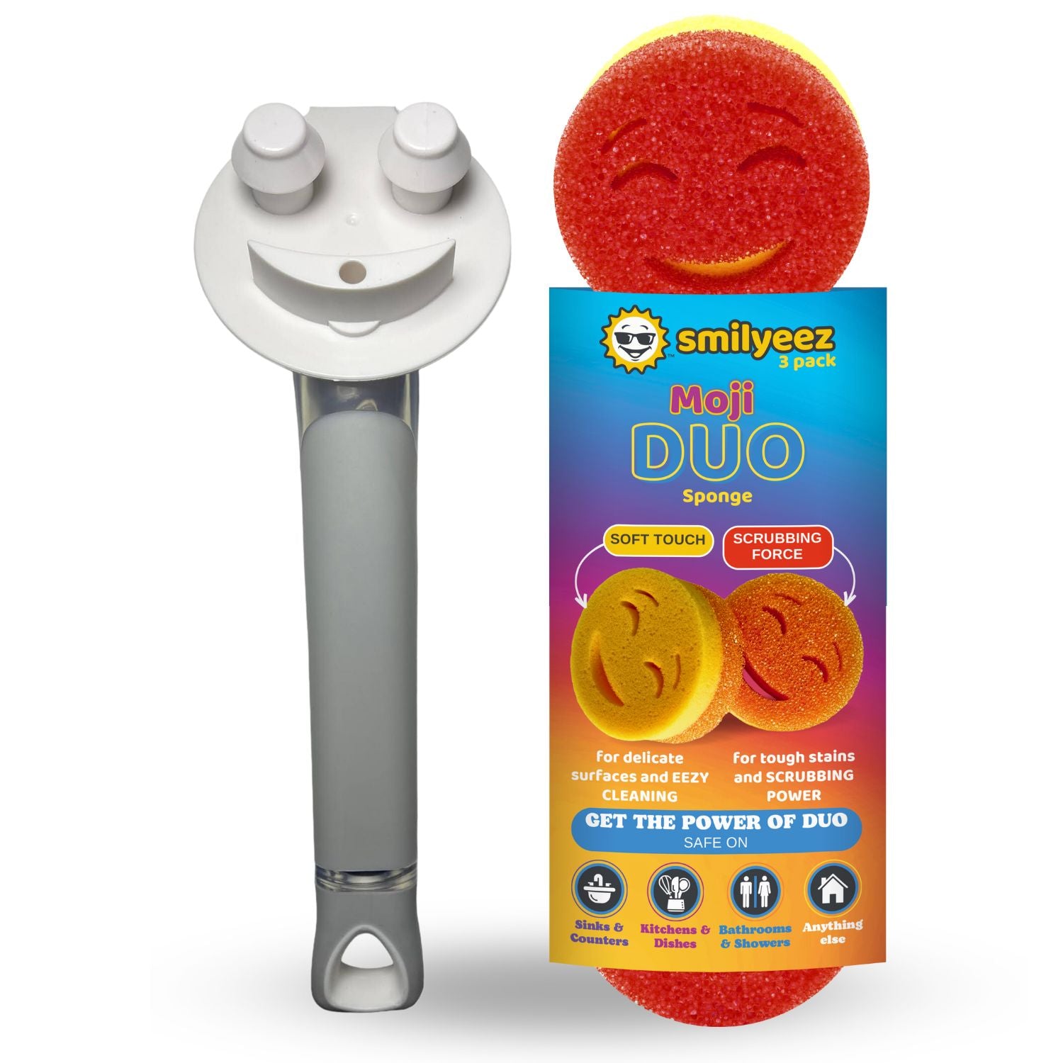The Original Smiling Handle with Soap Dispensing & 3 Scrub Moji DUO Sponges - Combo