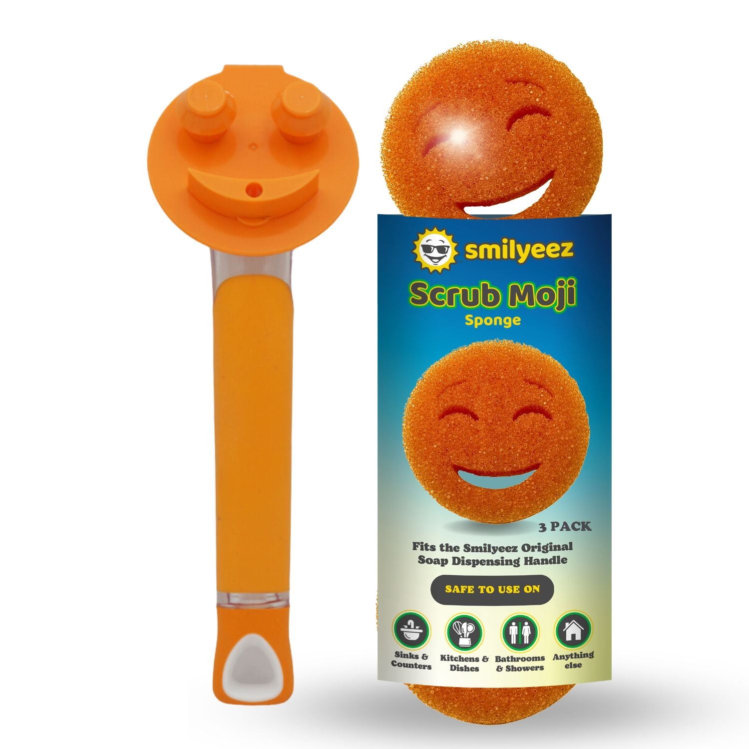 The Original Smiling Handle with Soap Dispensing & 3 Orange Scrub Moji Sponges - Combo