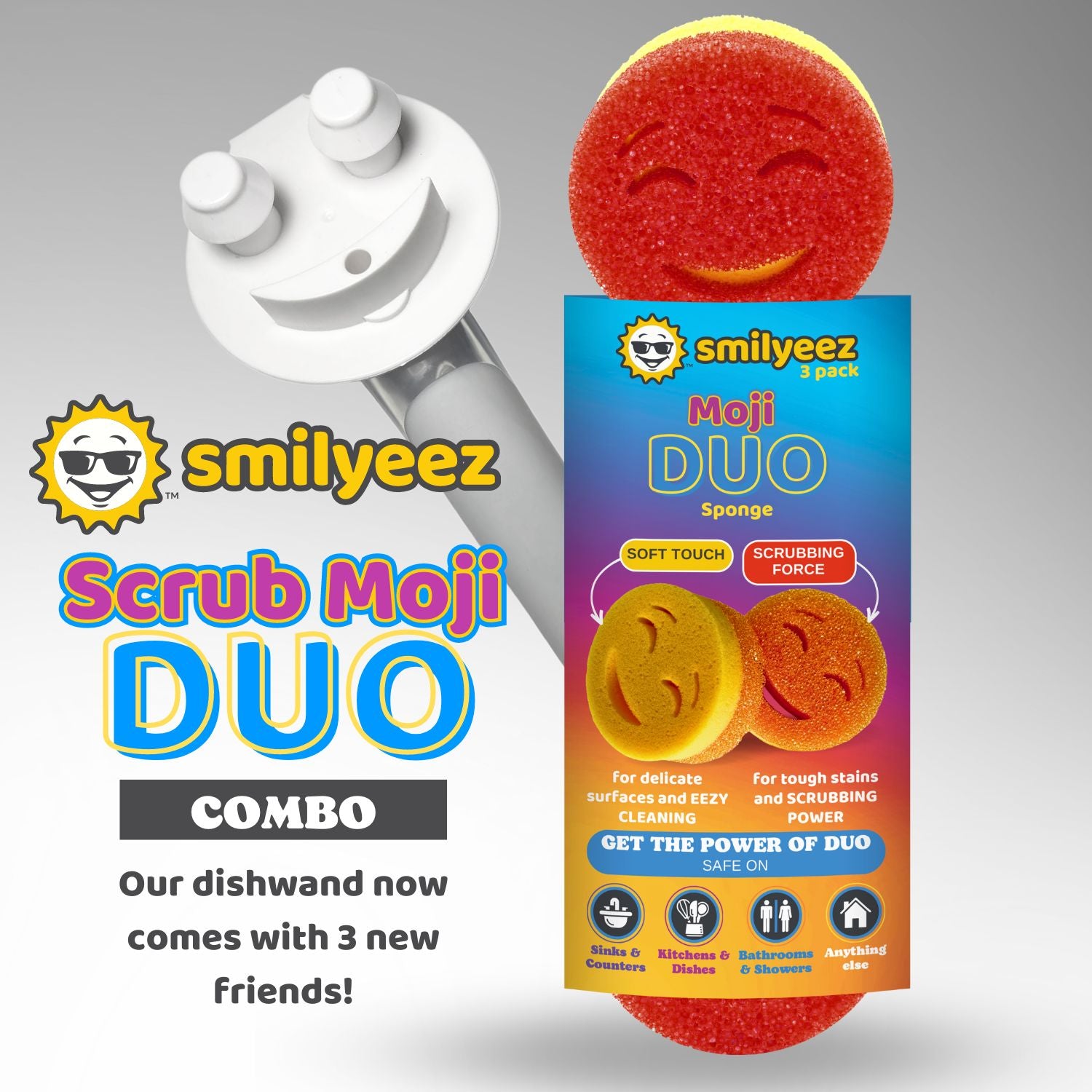 The Original Smiling Handle with Soap Dispensing & 3 Scrub Moji DUO Sponges - Combo