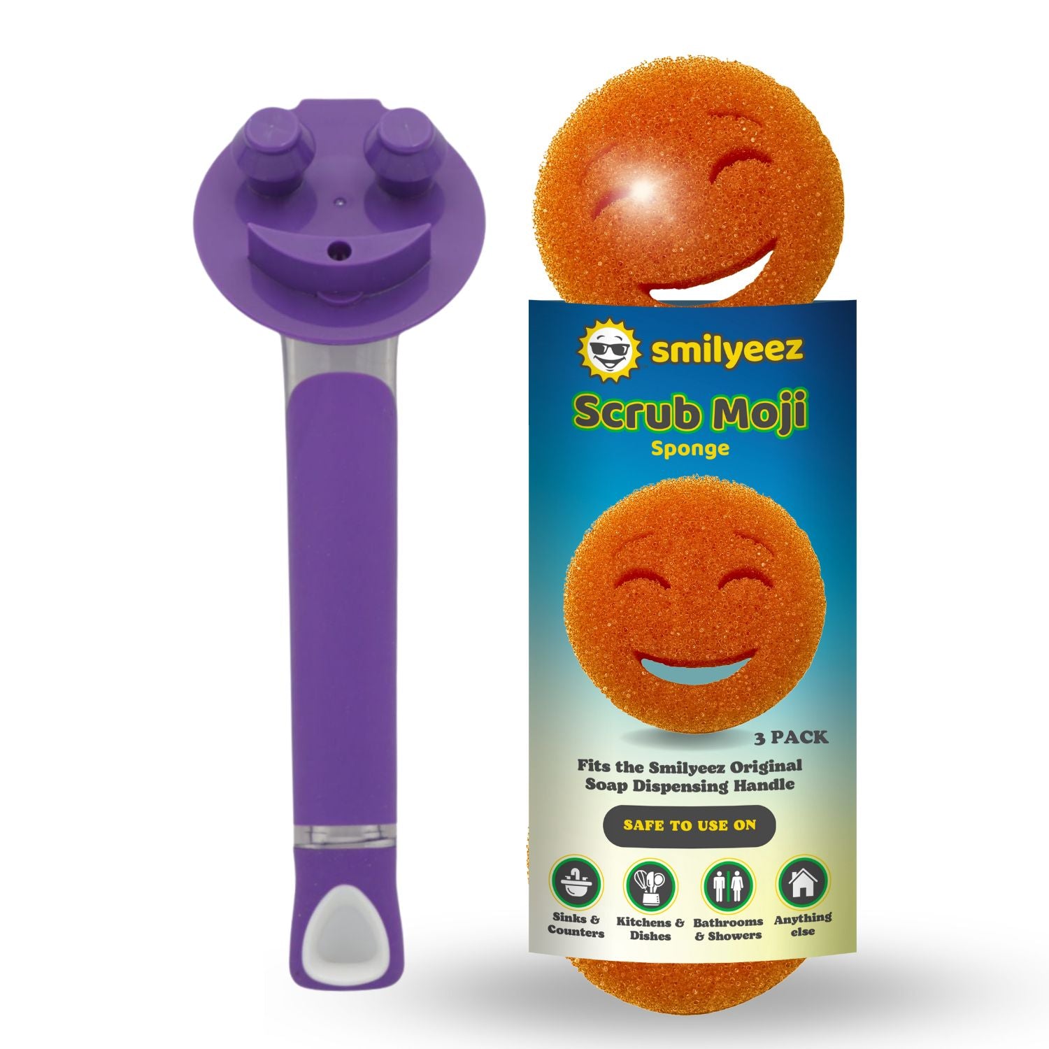 The Original Smiling Handle with Soap Dispensing & 3 Orange Scrub Moji Sponges - Combo