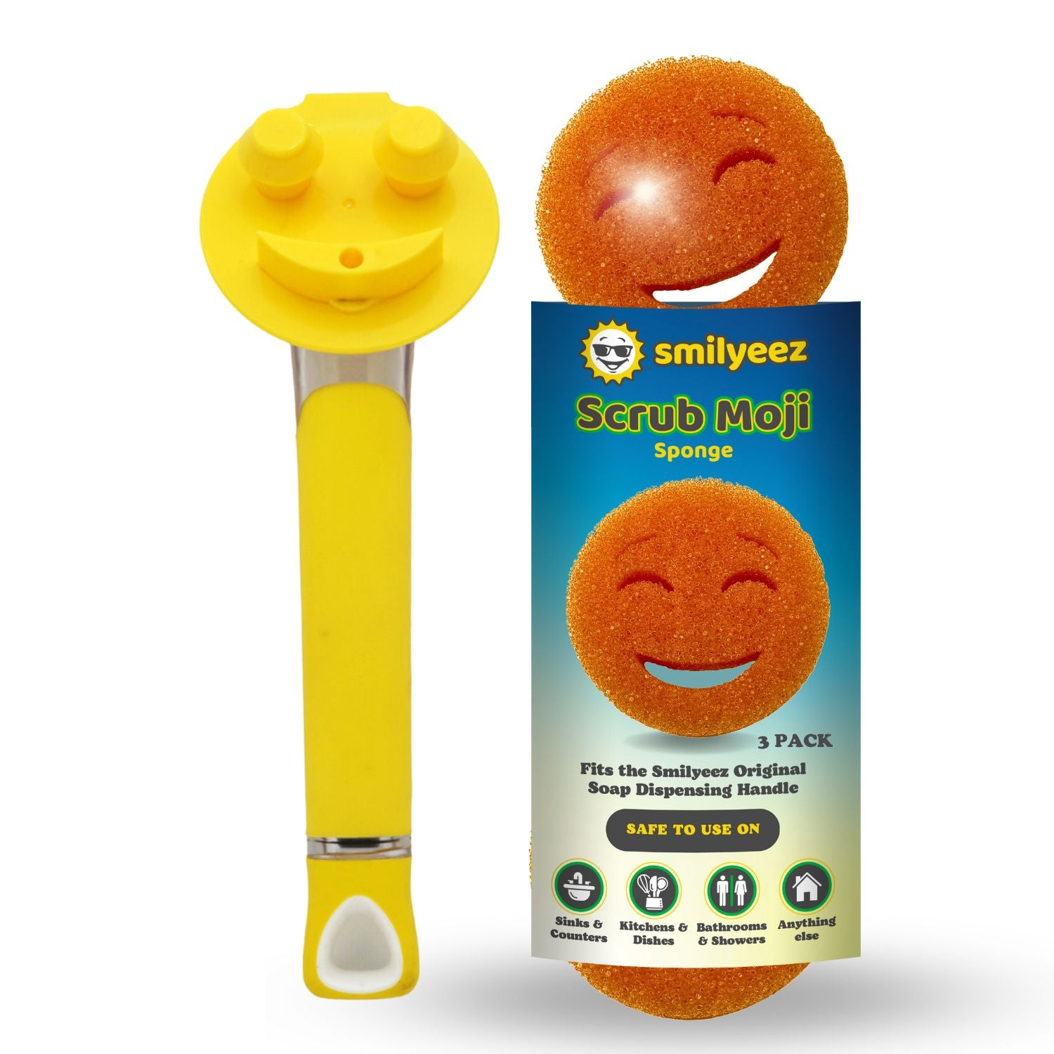 The Original Smiling Handle with Soap Dispensing & 3 Orange Scrub Moji Sponges - Combo