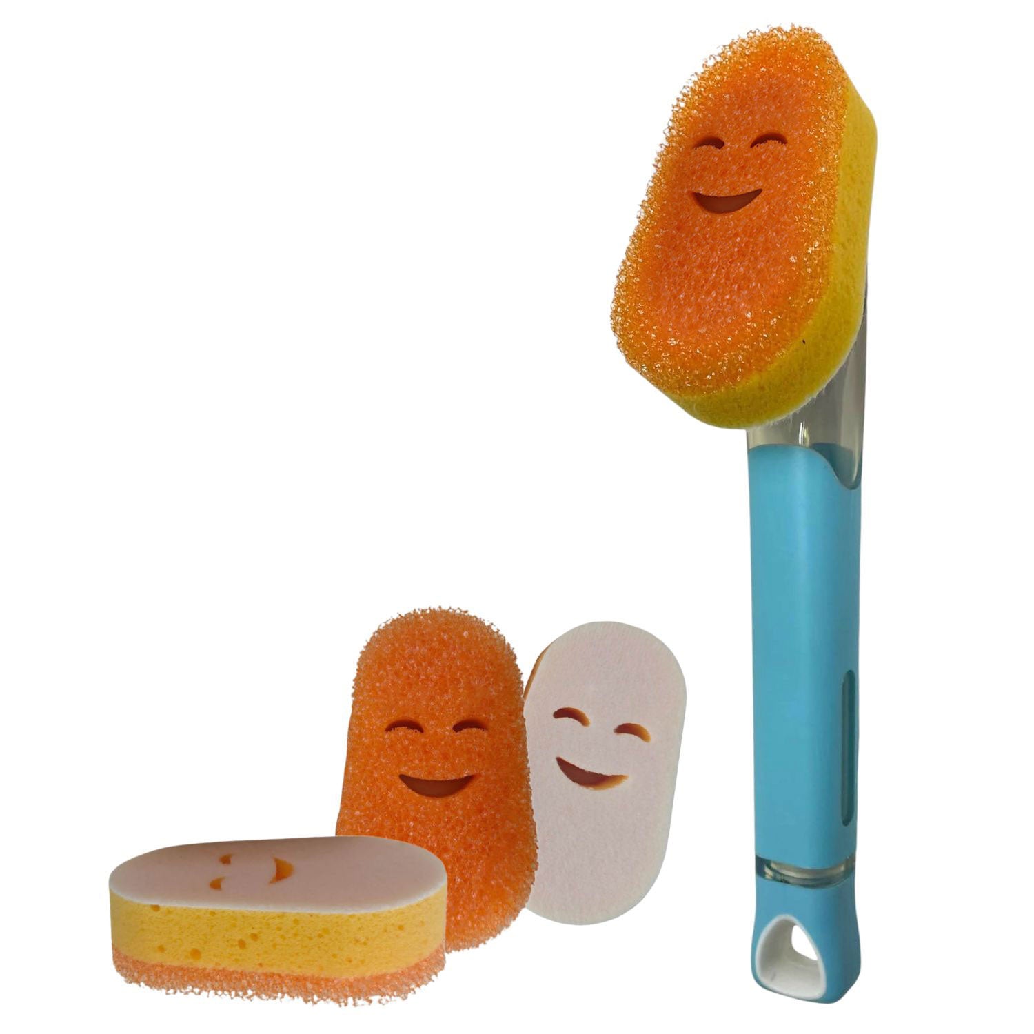 Smilyeez light blue dishwand with smiling moji faces sponges on a white background