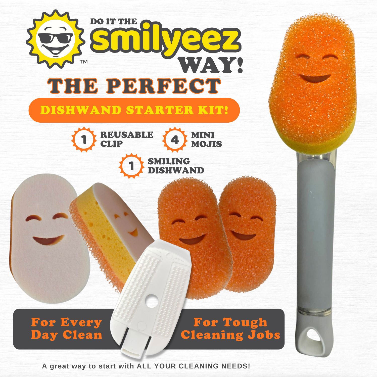 Smilyeez dishwand starter kit with smiling moji sponges and clip on a white background
