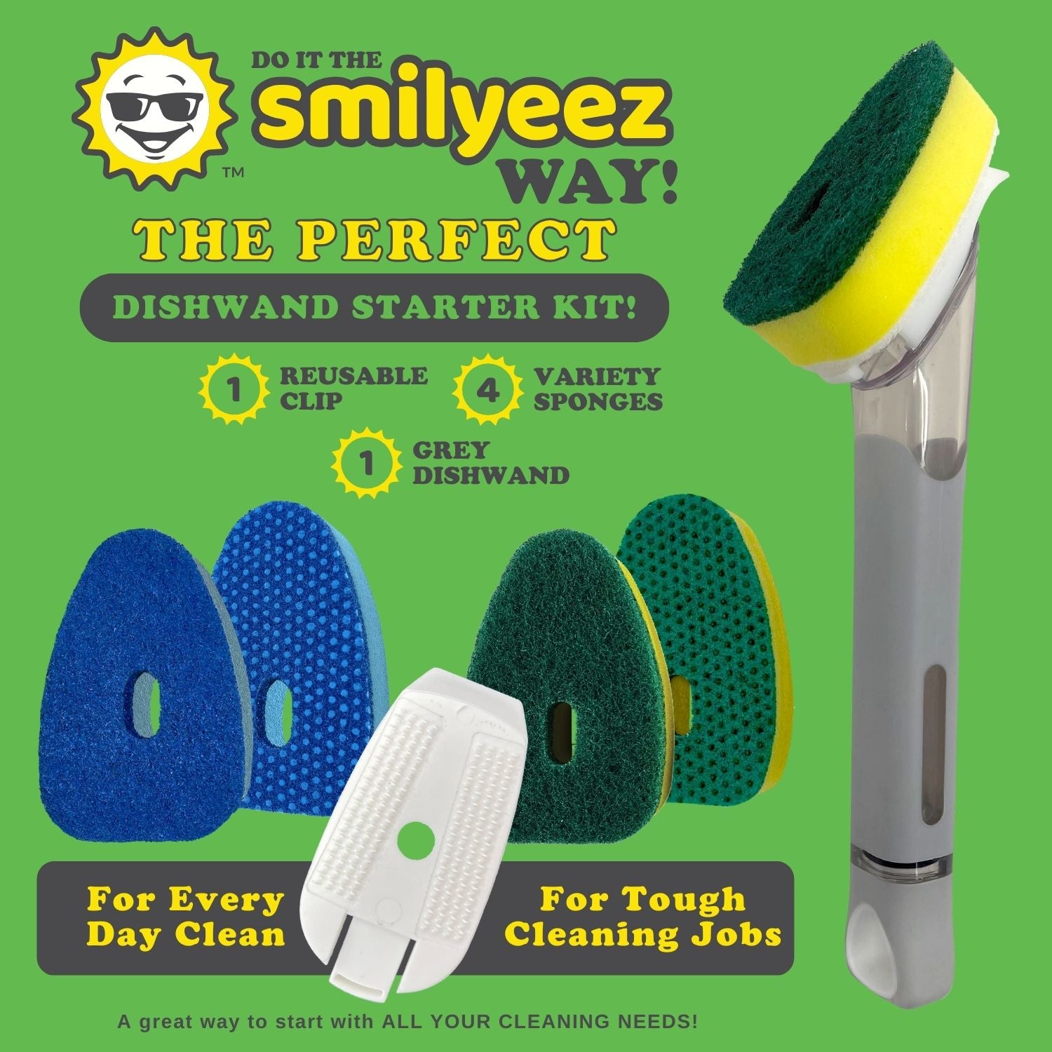 Smilyeez Dishwand Cleaning Kit with (1) Smiling Dishwand, (1) Smilyeez Dishwand, (4) Variety of Sponges and (1) Reusable Clip