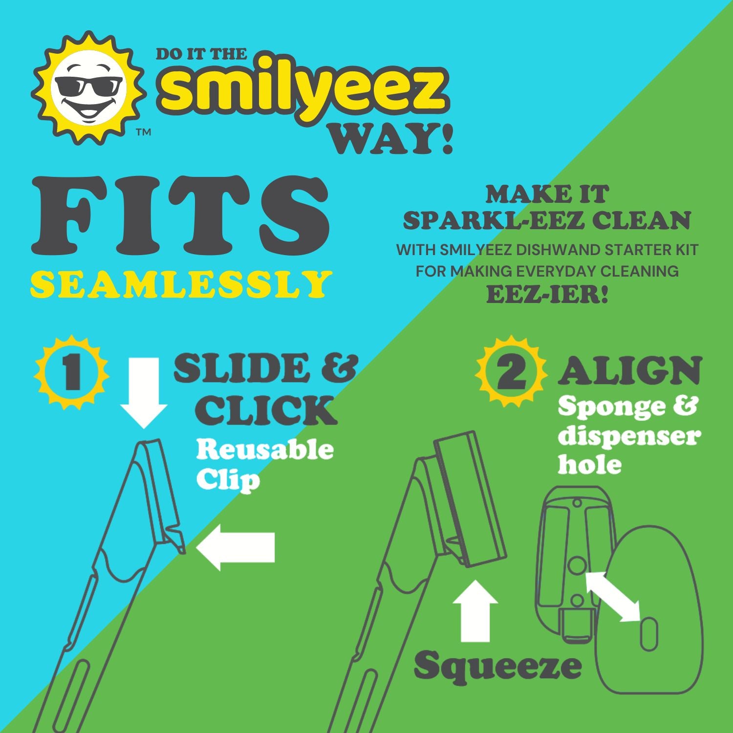 Smilyeez Dishwand Cleaning Kit with (1) Smiling Dishwand, (1) Smilyeez Dishwand, (4) Variety of Sponges and (1) Reusable Clip