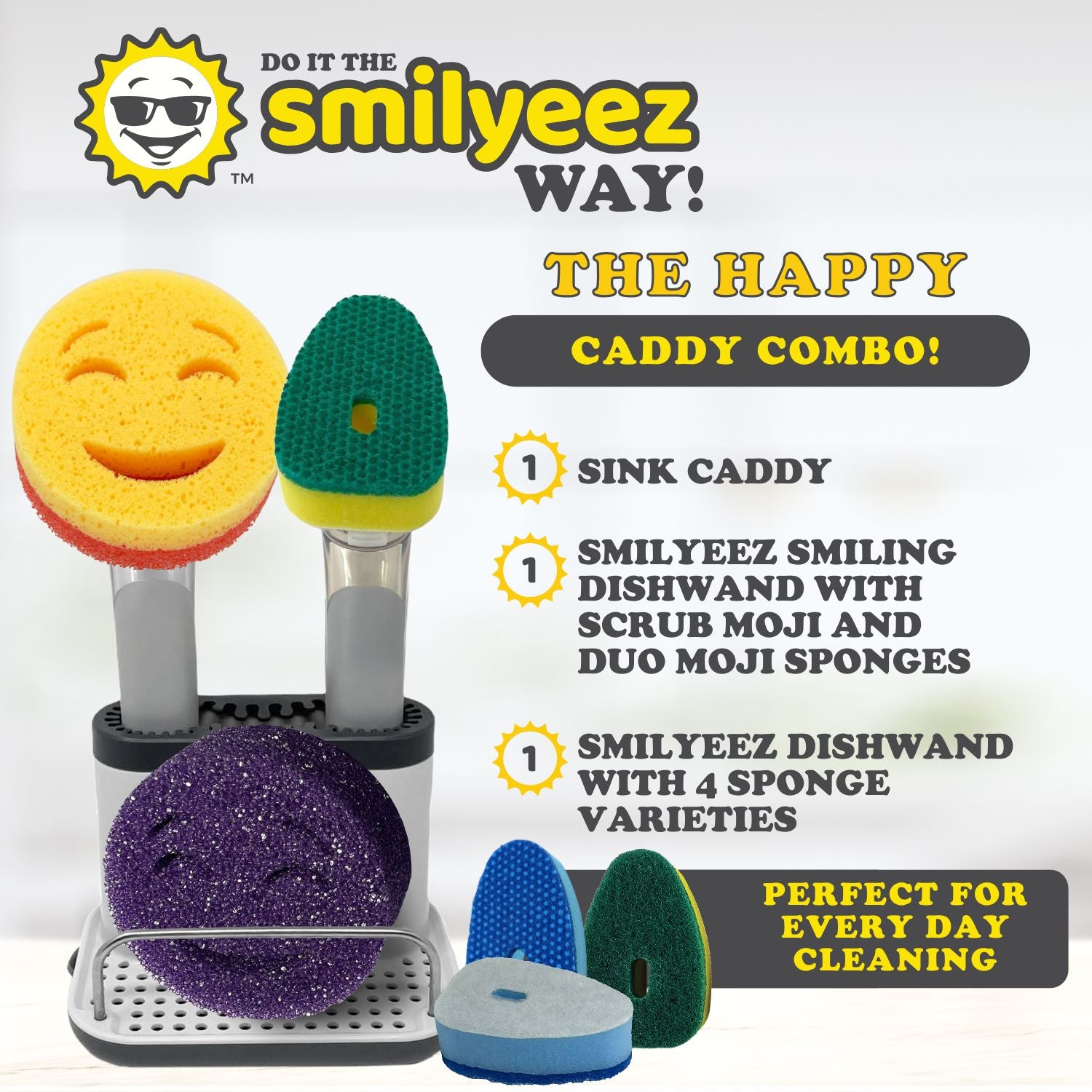 Smilyeez Caddy Kit, Sink Caddy, Smilyeez Smiling Dishwand with Moji and DUO Moji Sponges, Smilyeez Dishwand with 4 Sponge Varieties