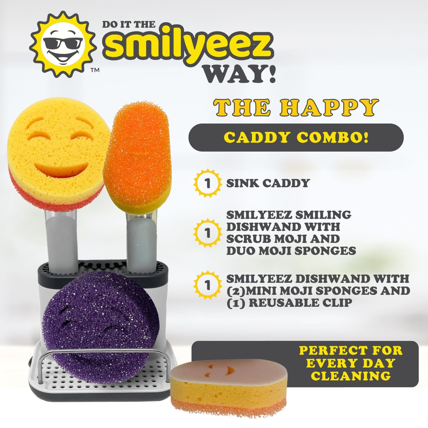 Smilyeez Caddy Combo, Sink Caddy, Smilyeez Smiling Dishwand with Moji Sponge, Duo Moji Sponge, Smilyeez Dishwand with 2 Mini Moji Sponges