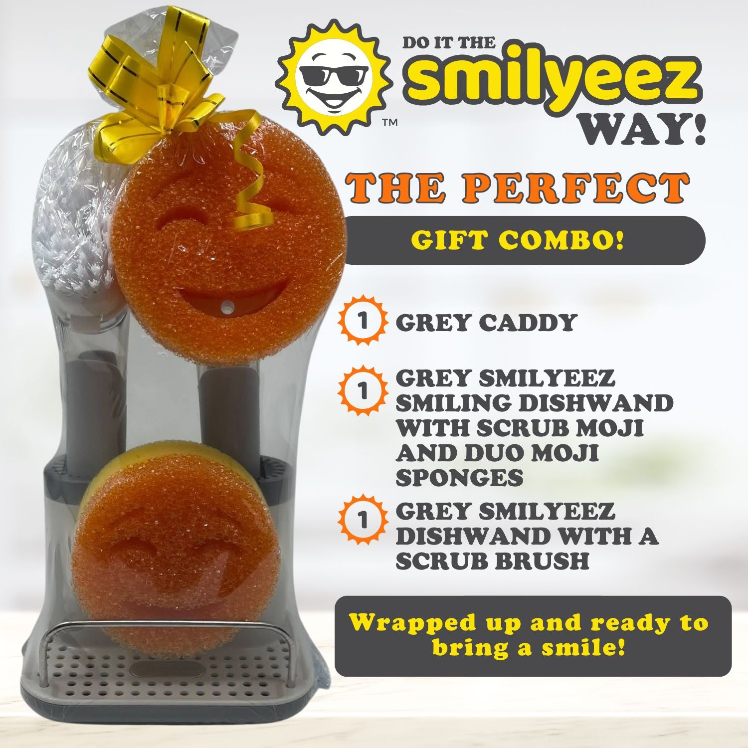 Smilyeez Caddy Gift Combo, Sink Caddy, Smilyeez Smiling Dishwand with Moji Sponge and Duo Moji Sponge, Smilyeez Dishwand with a Scrub Brush