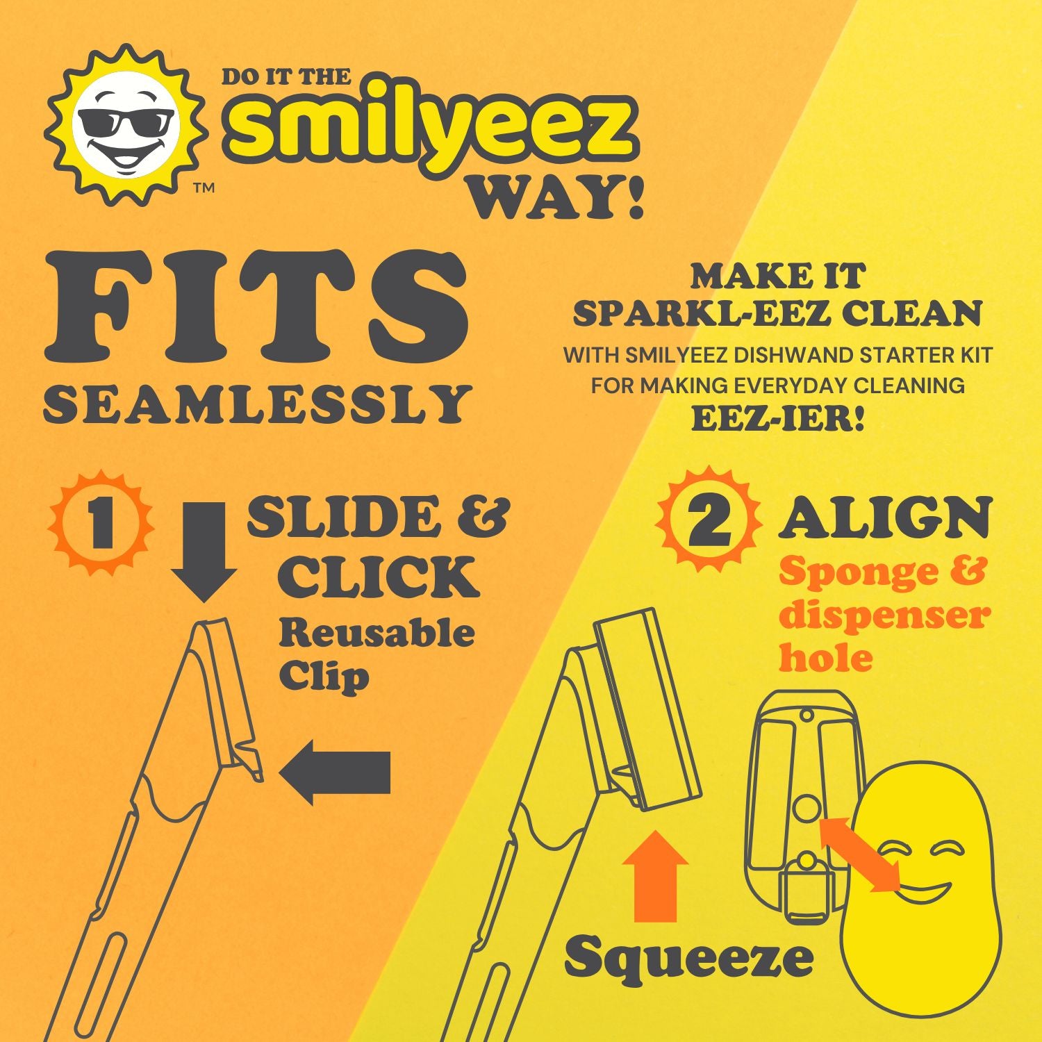 Smilyeez Dishwand Cleaning Kit with (1) Smiling Handle, (1) Smilyeez Dishwand, (4) Mini Moji Sponges and (1) Reusable Clip