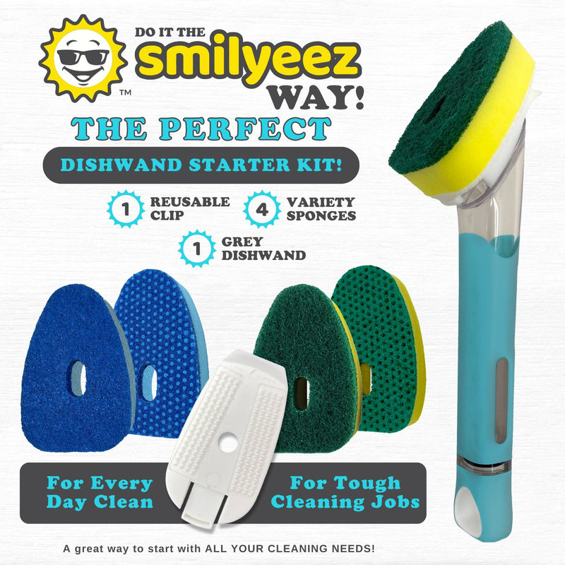 Smilyeez Dishwand Starter Kit with (1) Smilyeez Dishwand,  (4) Variety of Sponges and (1) Reusable Clip