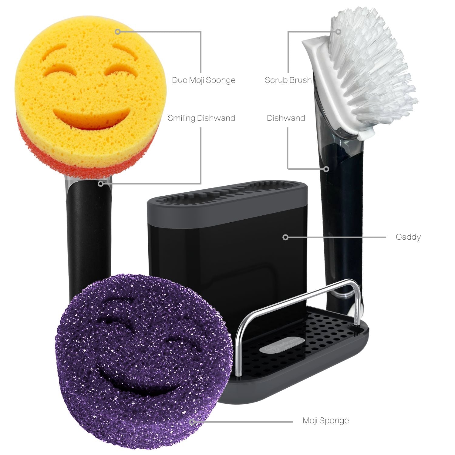 Smilyeez Caddy Gift Combo, Sink Caddy, Smilyeez Smiling Dishwand with Moji Sponge and Duo Moji Sponge, Smilyeez Dishwand with a Scrub Brush