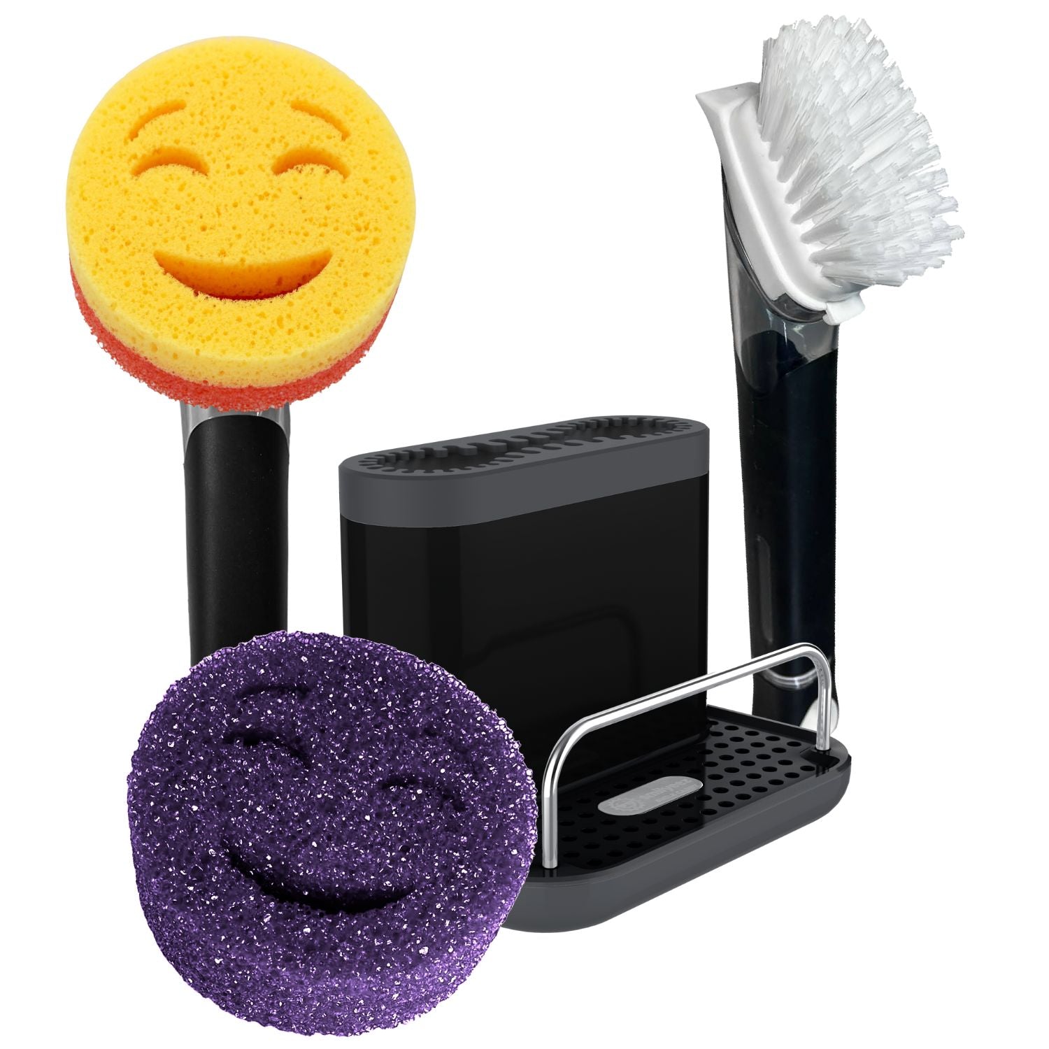 Smilyeez Caddy Gift Combo, Sink Caddy, Smilyeez Smiling Dishwand with Moji Sponge and Duo Moji Sponge, Smilyeez Dishwand with a Scrub Brush