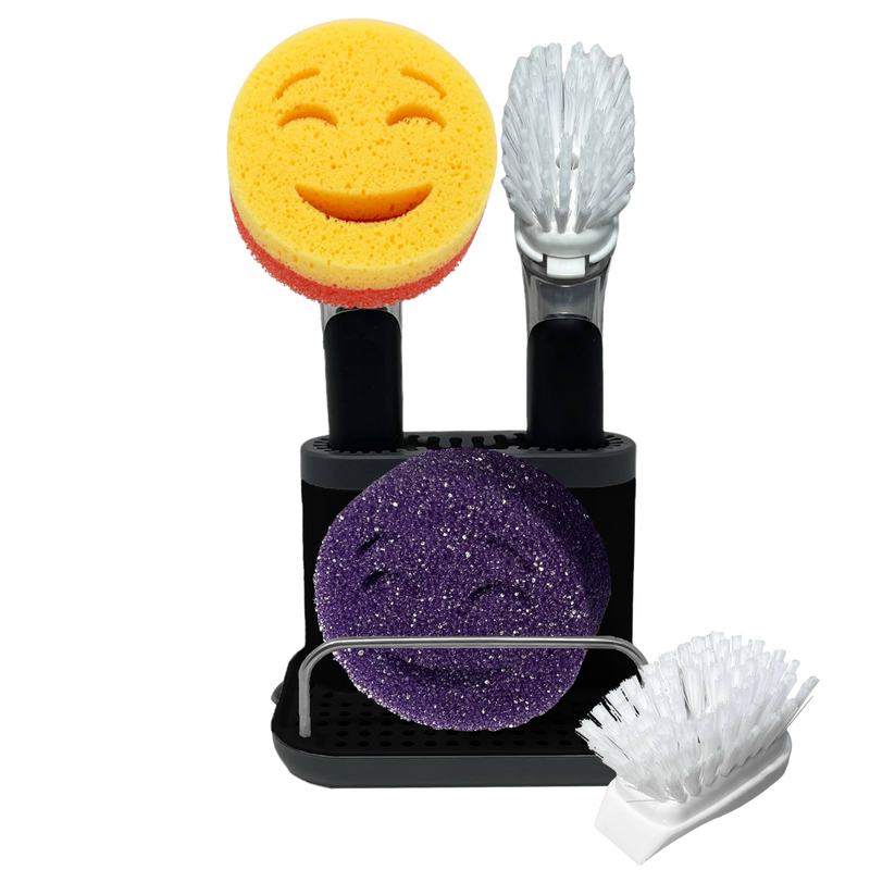 Smilyeez Cheery Caddy Kit, Sink Caddy, Smilyeez Smiling Dishwand with Moji and DUO Moji Sponges, and Smilyeez Dishwand with 2 Scrub Brushes