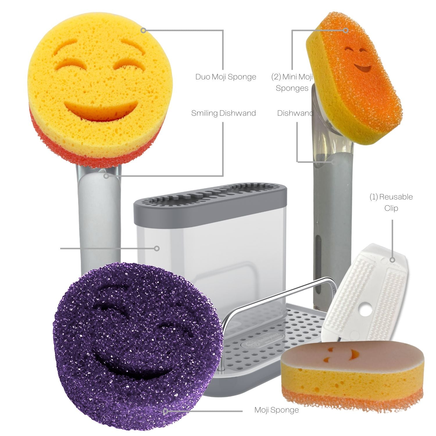 Smilyeez Caddy Combo, Sink Caddy, Smilyeez Smiling Dishwand with Moji Sponge, Duo Moji Sponge, Smilyeez Dishwand with 2 Mini Moji Sponges