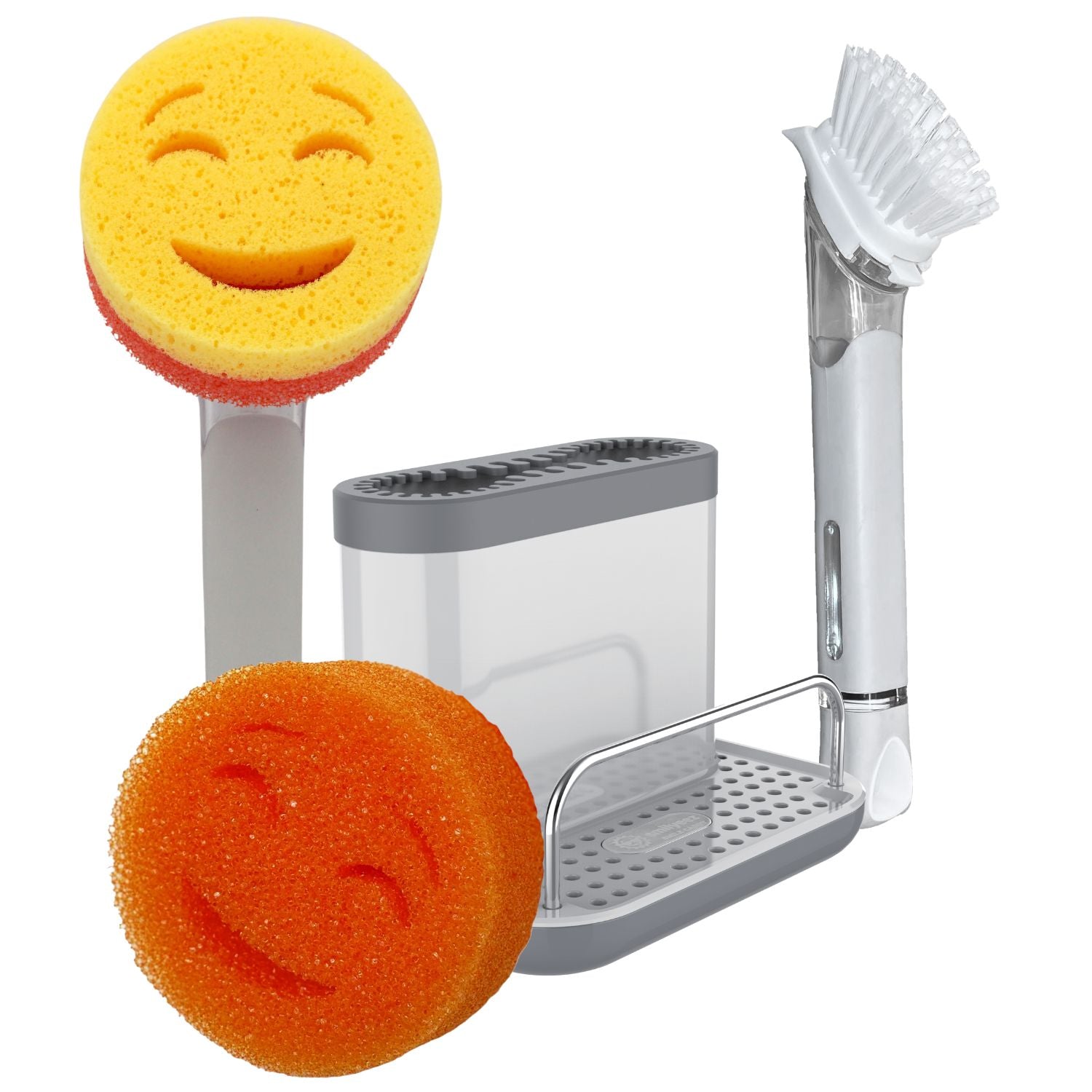 Smilyeez Caddy Gift Combo, Sink Caddy, Smilyeez Smiling Dishwand with Moji Sponge and Duo Moji Sponge, Smilyeez Dishwand with a Scrub Brush