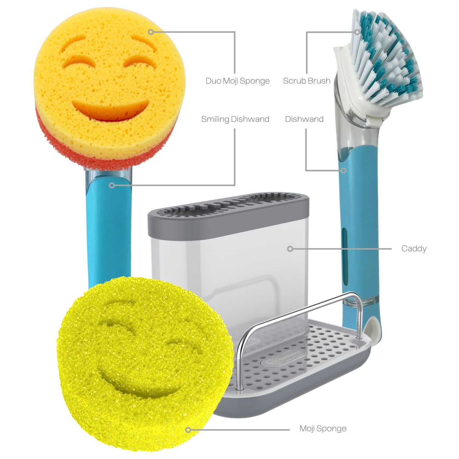 Smilyeez Caddy Gift Combo, Sink Caddy, Smilyeez Smiling Dishwand with Moji Sponge and Duo Moji Sponge, Smilyeez Dishwand with a Scrub Brush