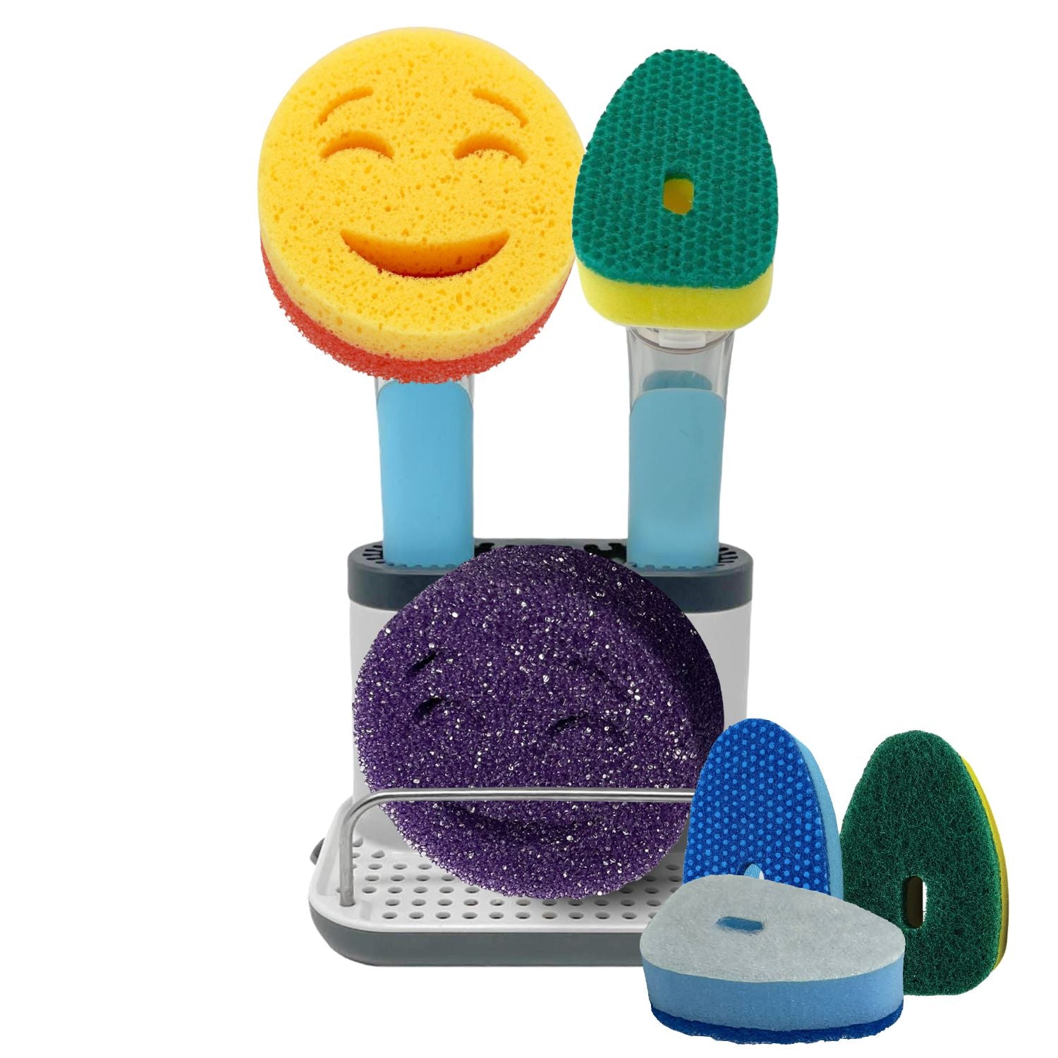 Smilyeez Caddy Kit, Sink Caddy, Smilyeez Smiling Dishwand with Moji and DUO Moji Sponges, Smilyeez Dishwand with 4 Sponge Varieties