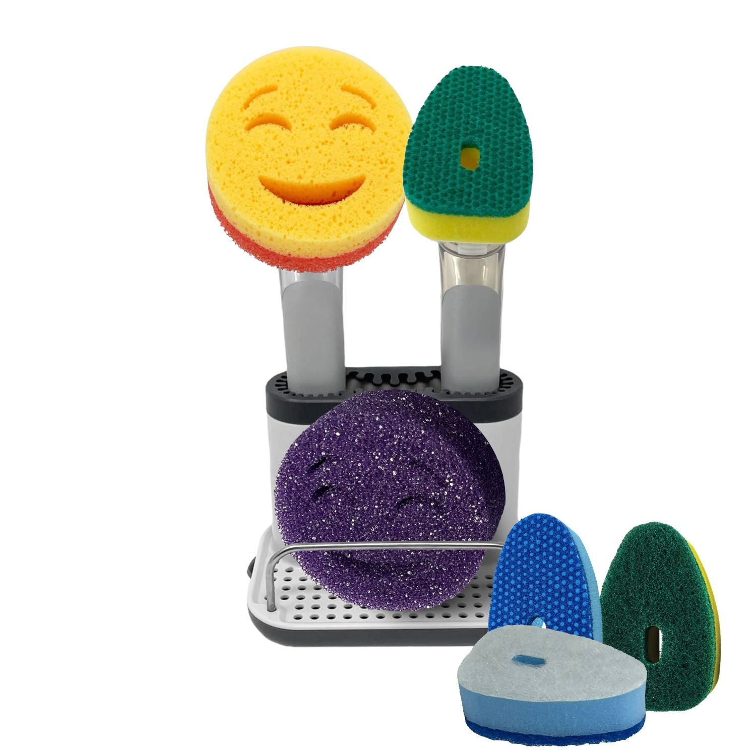 Smilyeez Caddy Kit, Sink Caddy, Smilyeez Smiling Dishwand with Moji and DUO Moji Sponges, Smilyeez Dishwand with 4 Sponge Varieties