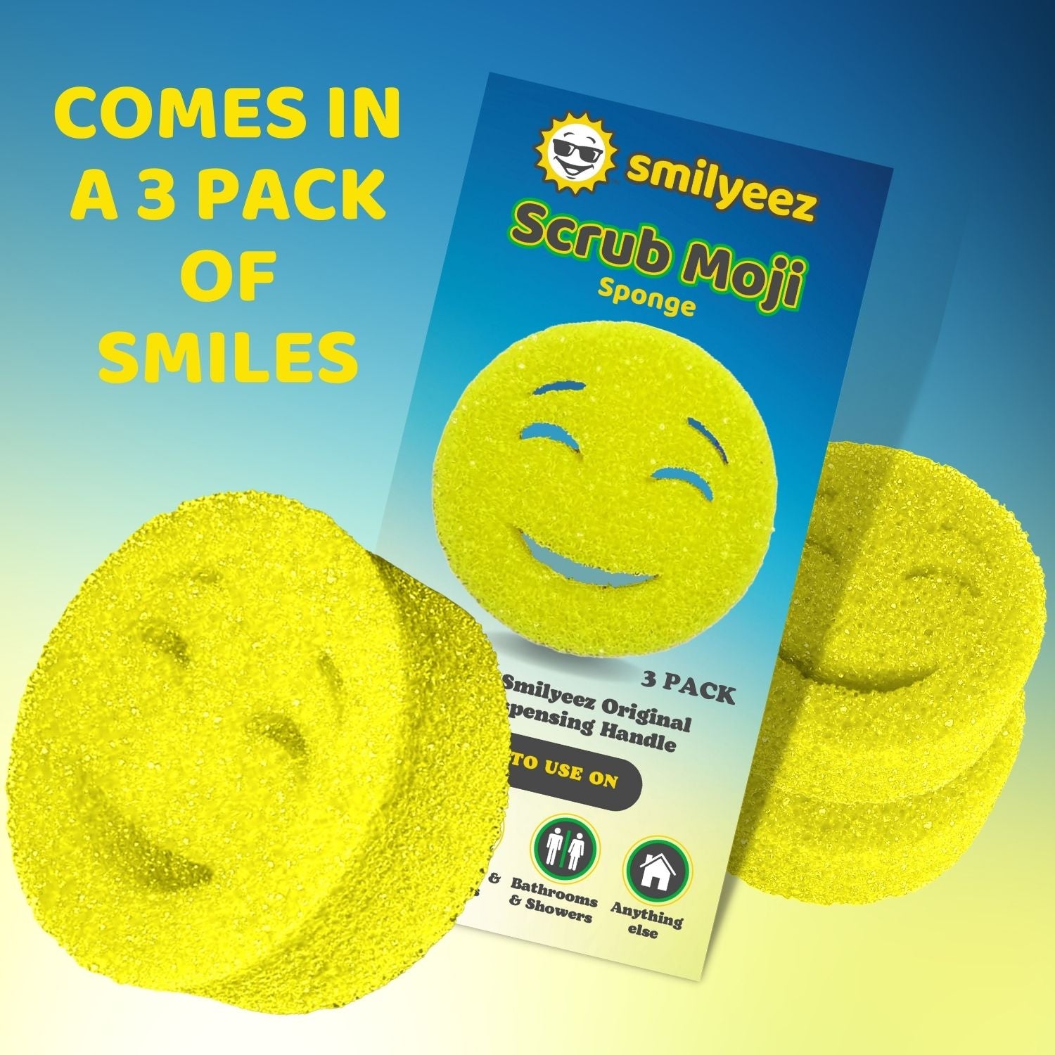 The Original Smiling Sponge Handle With 3 Yellow Scrub Moji Sponges - Combo