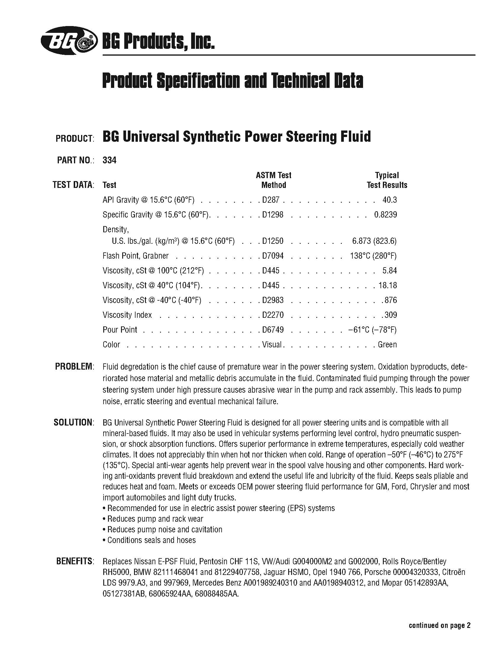 BG Universal Synthetic Power Steering Fluid PN 334